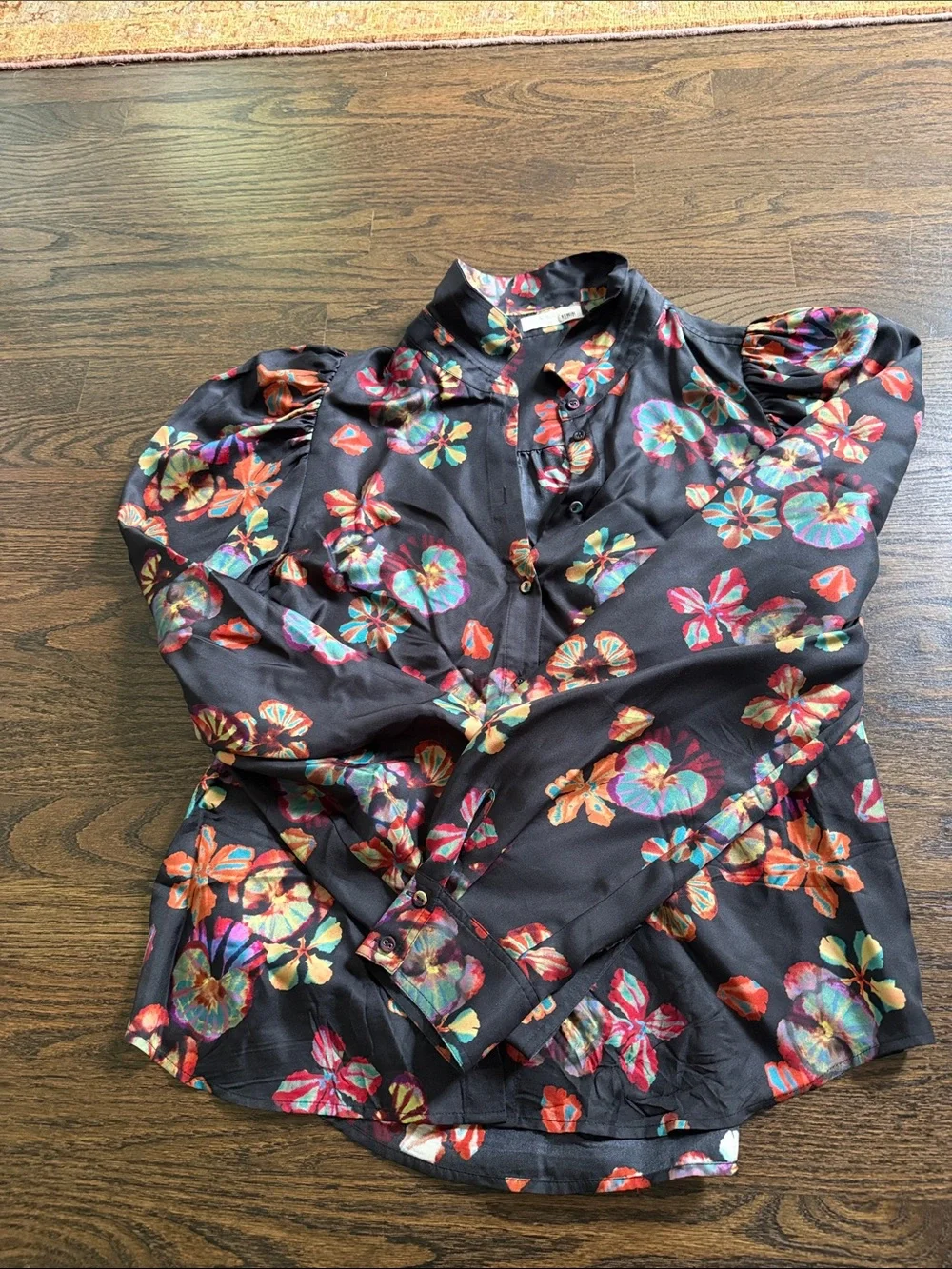 Ulla Johnson Floral Puff-Sleeve Silk Black Blouse